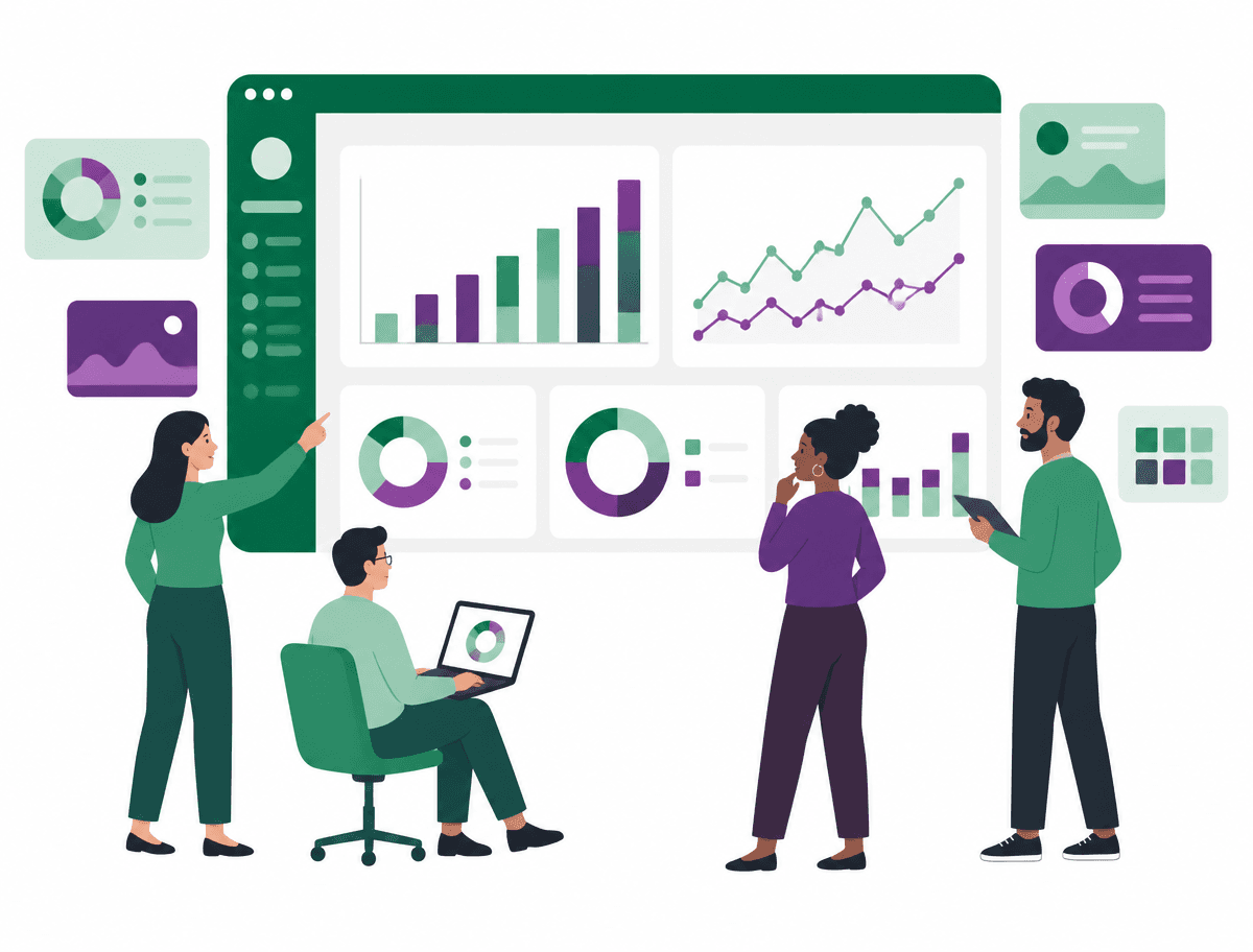 Illustration of a fundraising team reviewing a live analytics dashboard with charts and KPI tiles